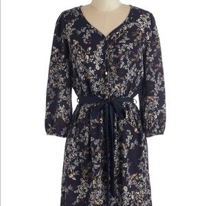 Navy bird and nature print A-line high-low dress